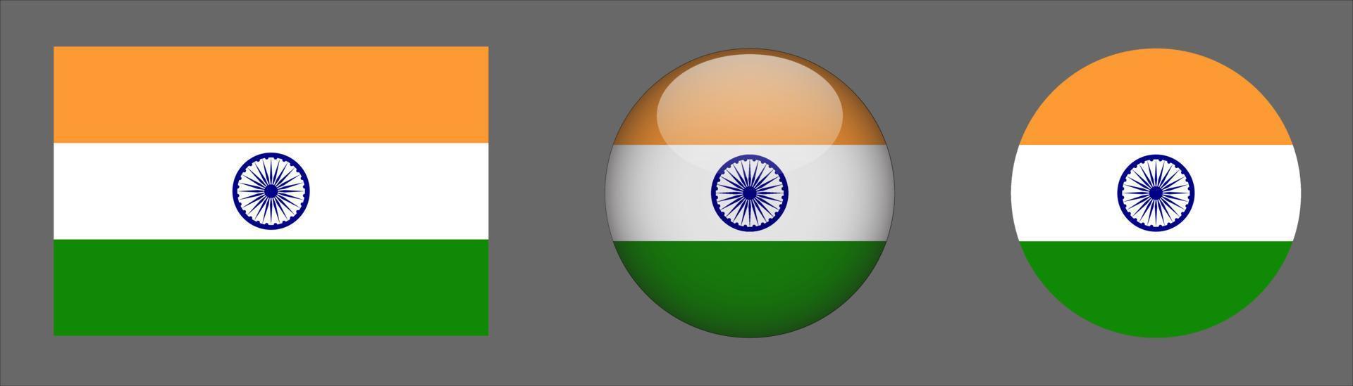 Colección de conjunto de bandera de la India, relación de tamaño original, redondeado en 3D y redondeado plano vector