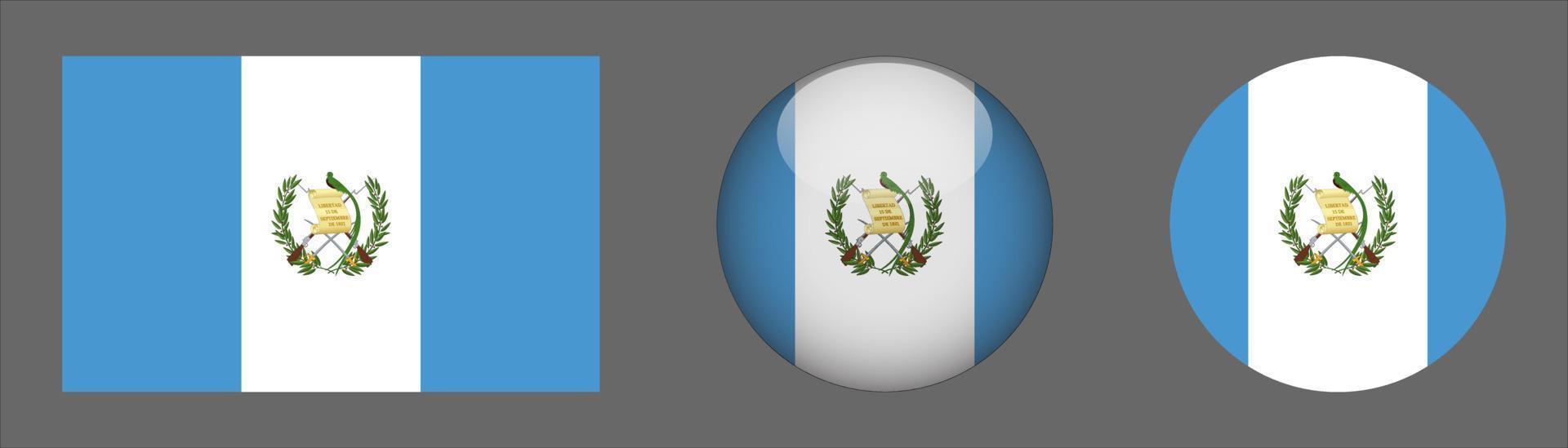 Colección de conjunto de bandera de Guatemala, relación de tamaño original, redondeado en 3D y redondeado plano vector