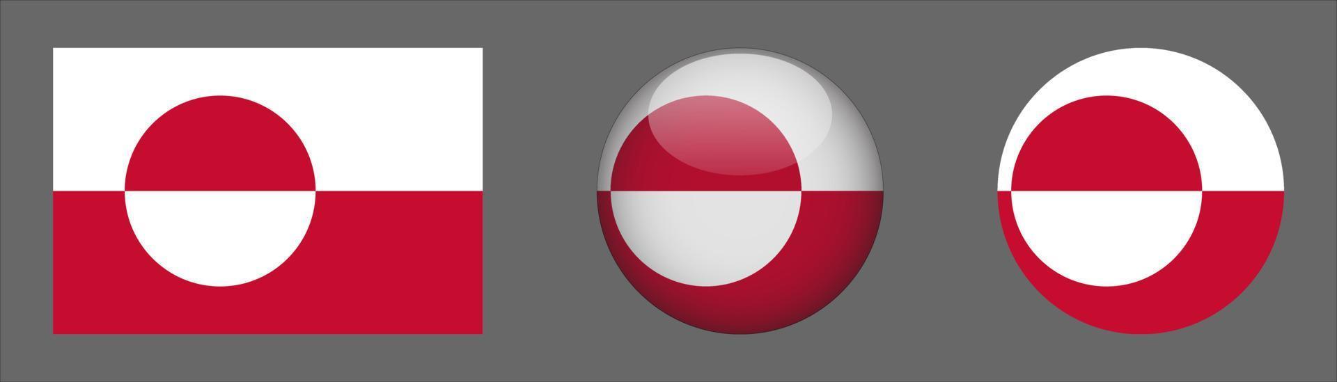 Greenland Flag Set Collection, Original Size Ratio, 3d Rounded and Flat Rounded vector