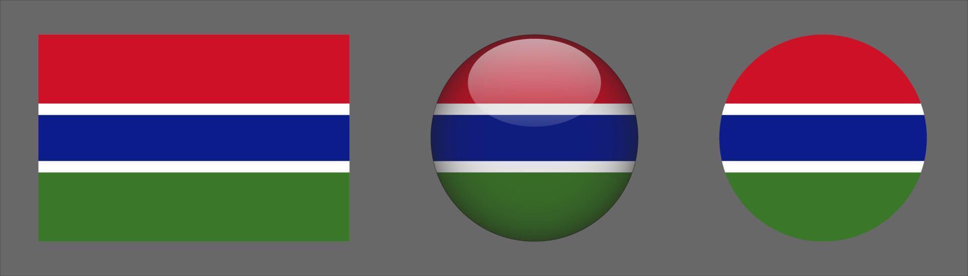 Colección de conjunto de bandera de Gambia, relación de tamaño original, redondeado en 3D y redondeado plano vector