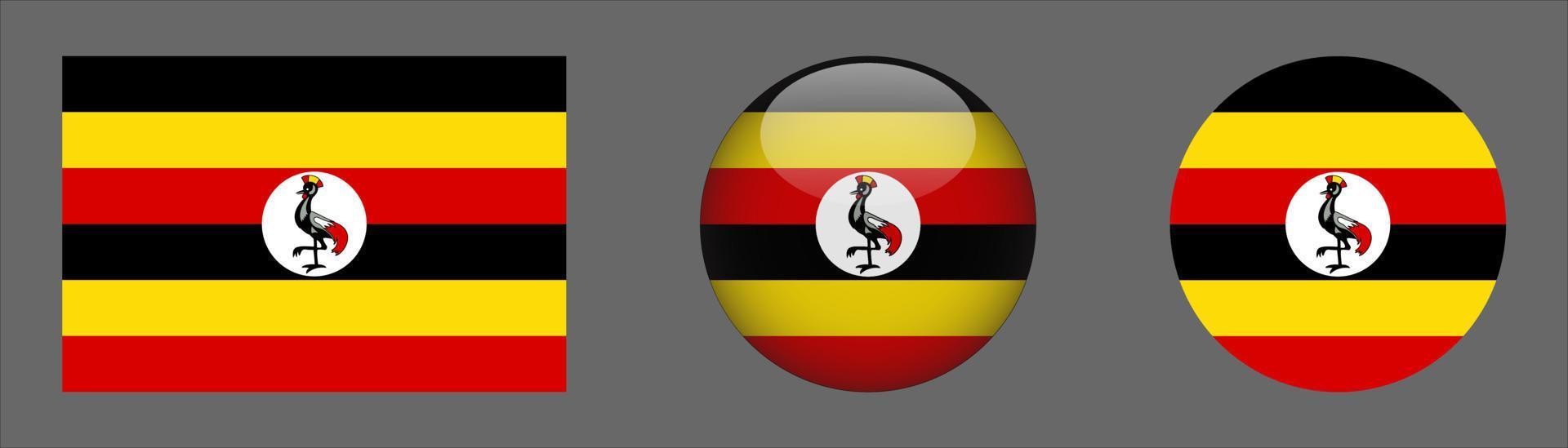 Uganda Flag Set Collection, Original Size Ratio, 3D Rounded, Flat Rounded. vector