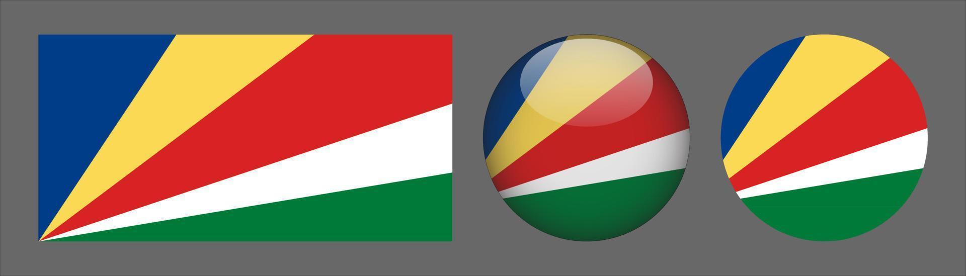 Seychelles flag set collection, relación de tamaño original, redondeado 3d y redondeado plano. vector