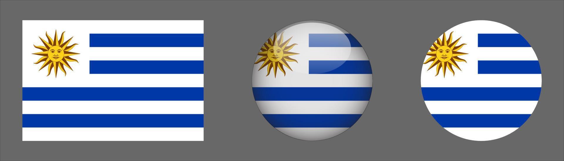 colección de conjuntos de bandera de uruguay, relación de tamaño original, redondeado 3d, redondeado plano. vector