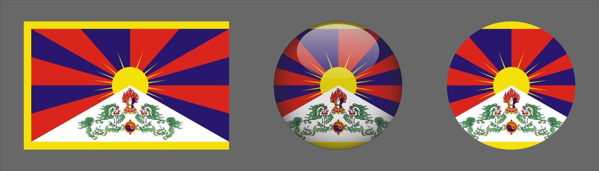 Colección de conjuntos de banderas de Tíbet, relación de tamaño original, redondeado 3d y redondeado plano. vector