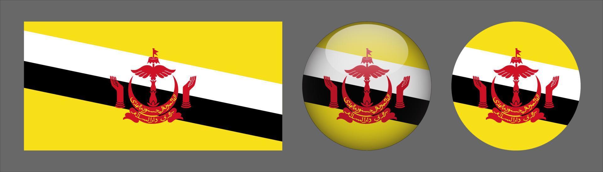 colección de conjunto de bandera de brunei, relación de tamaño original, redondeado 3d y redondeado plano vector