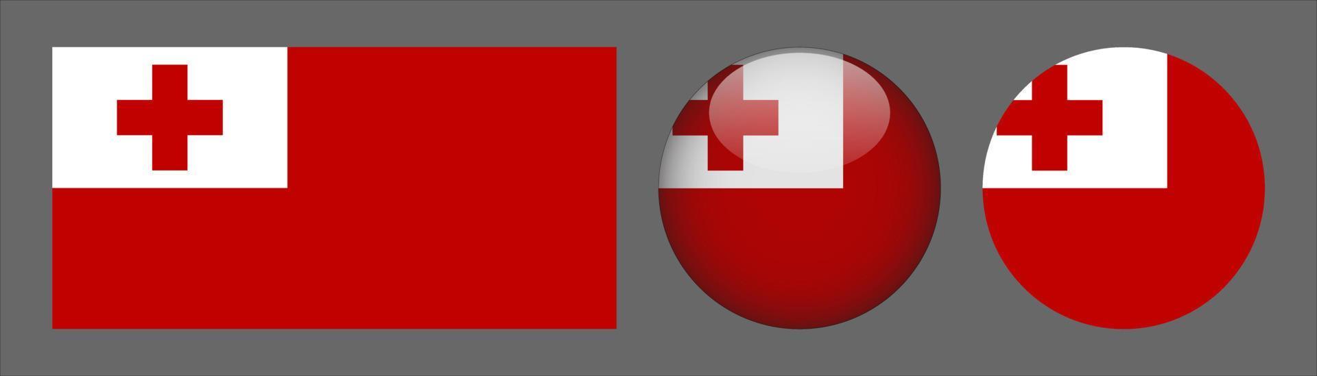 Colección de conjunto de bandera de Tonga, relación de tamaño original, redondeado 3d y redondeado plano. vector