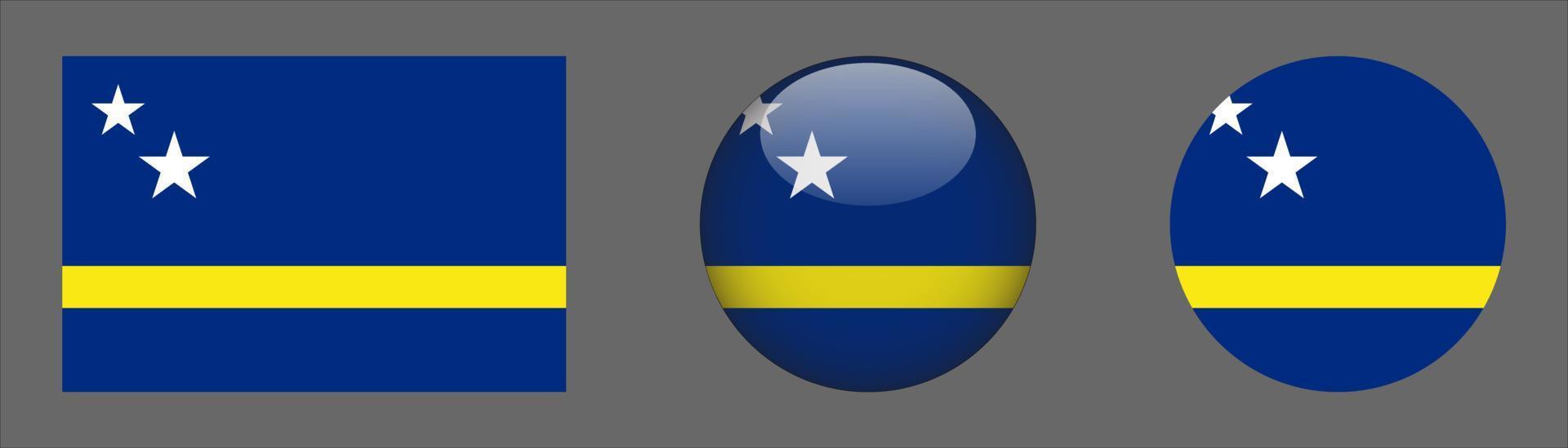 colección de conjunto de bandera de curacao, relación de tamaño original, redondeado 3d y redondeado plano vector