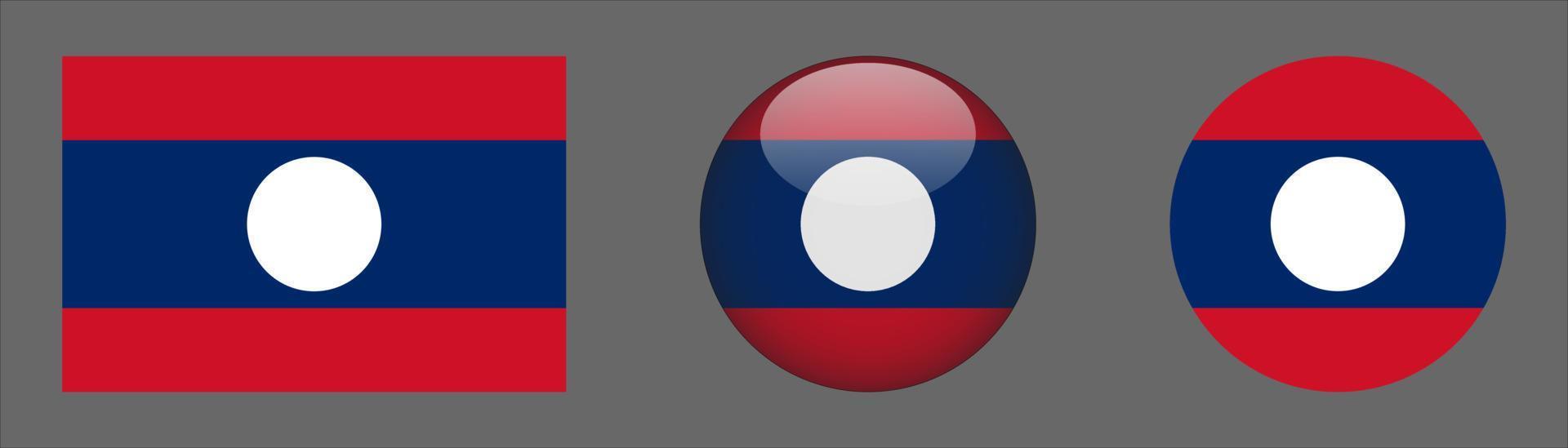 Colección de conjunto de bandera de laos, relación de tamaño original, redondeado 3d y redondeado plano vector