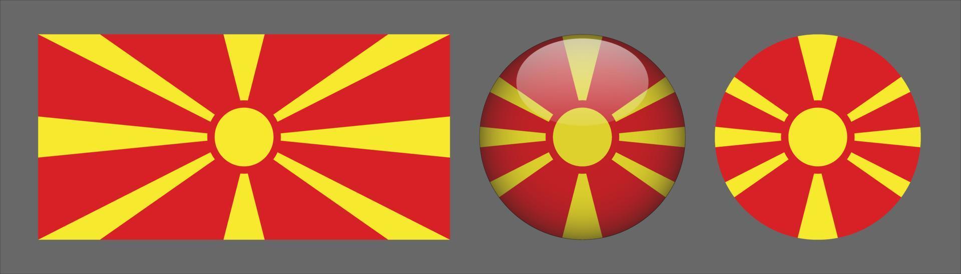 North Macedonia Flag Set Collection, Original Size Ratio, 3D Rounded and Flat Rounded. vector