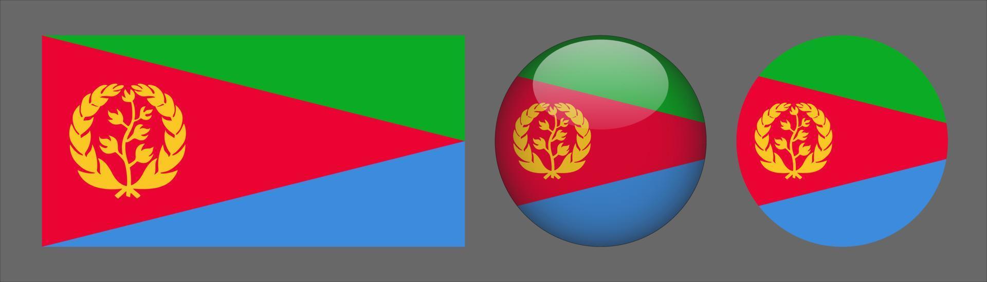 Colección de conjuntos de banderas de eritrea, relación de tamaño original, redondeado en 3D y redondeado plano vector