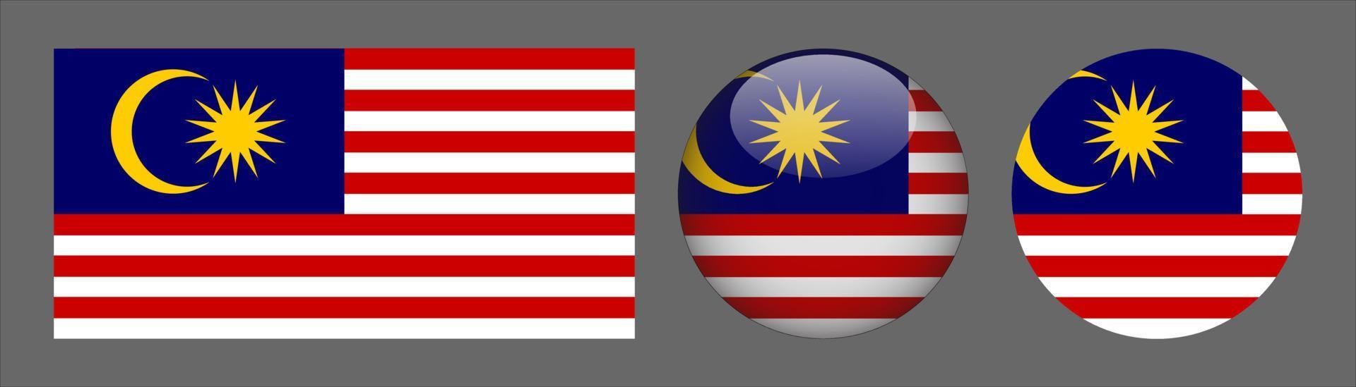 bandera de malasia set colección, relación de tamaño original, 3d redondeado y redondeado plano. vector