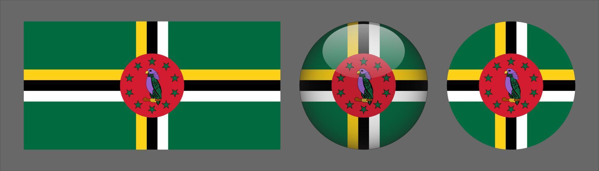 Dominica Flag Set Collection, Original Size Ratio, 3d Rounded and Flat Rounded vector