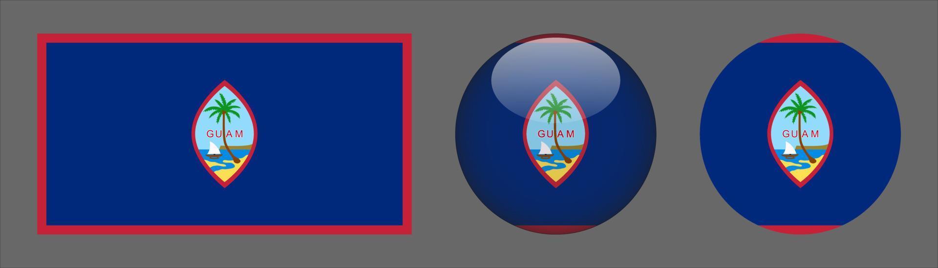 colección de conjunto de bandera de guam, relación de tamaño original, redondeado en 3d y redondeado plano vector