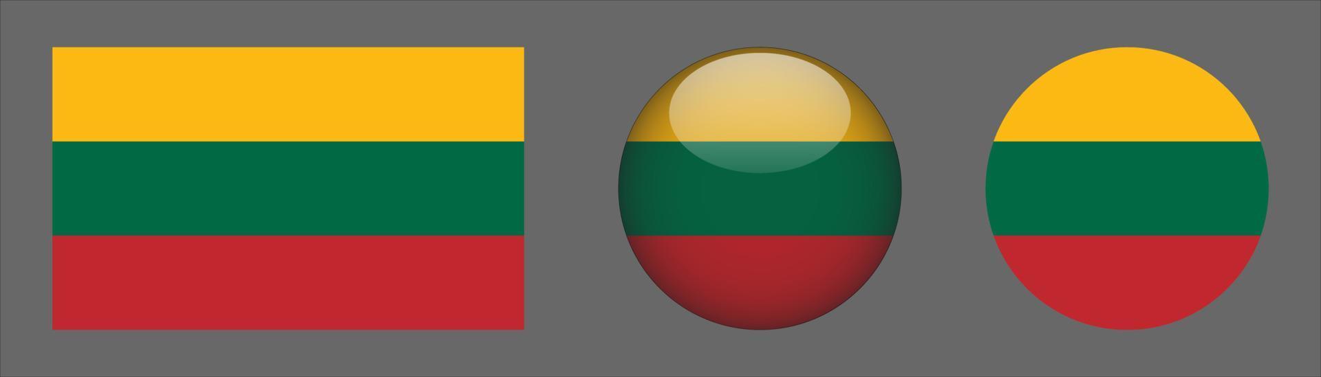 Colección de conjunto de bandera de Lituania, relación de tamaño original, redondeado en 3d y redondeado plano vector