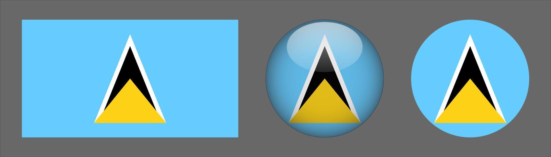 Saint Lucia Flag Set Collection, Original Size Ratio, 3D Rounded and Flat Rounded. vector