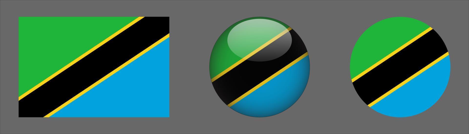 Tanzania Flag Set Collection, Original Size Ratio, 3D Rounded and Flat Rounded. vector