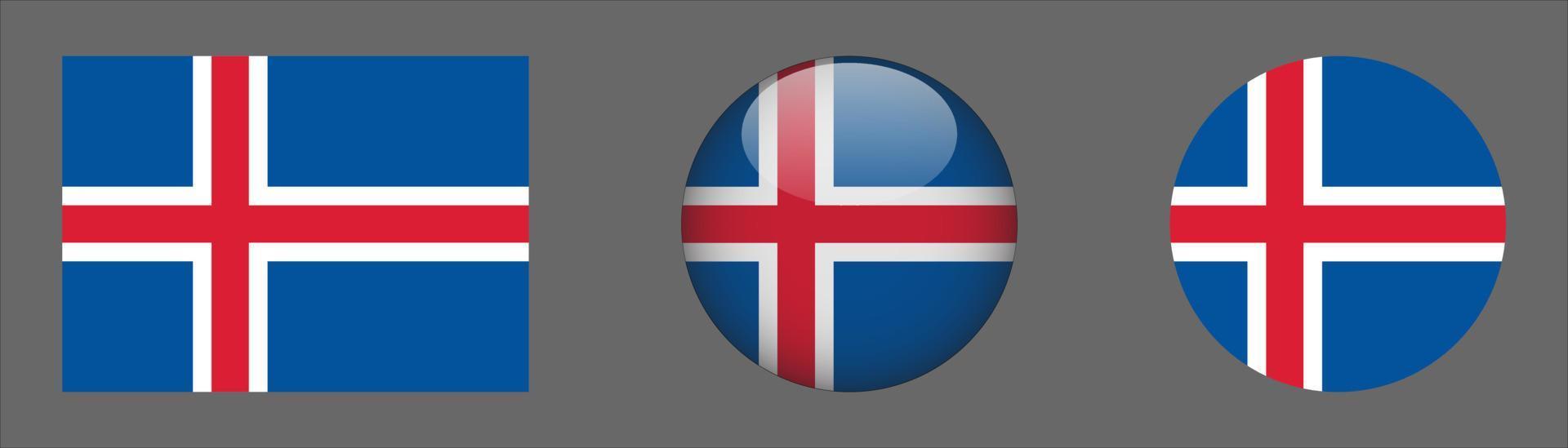 colección de conjunto de bandera de islandia, relación de tamaño original, redondeado 3d y redondeado plano vector