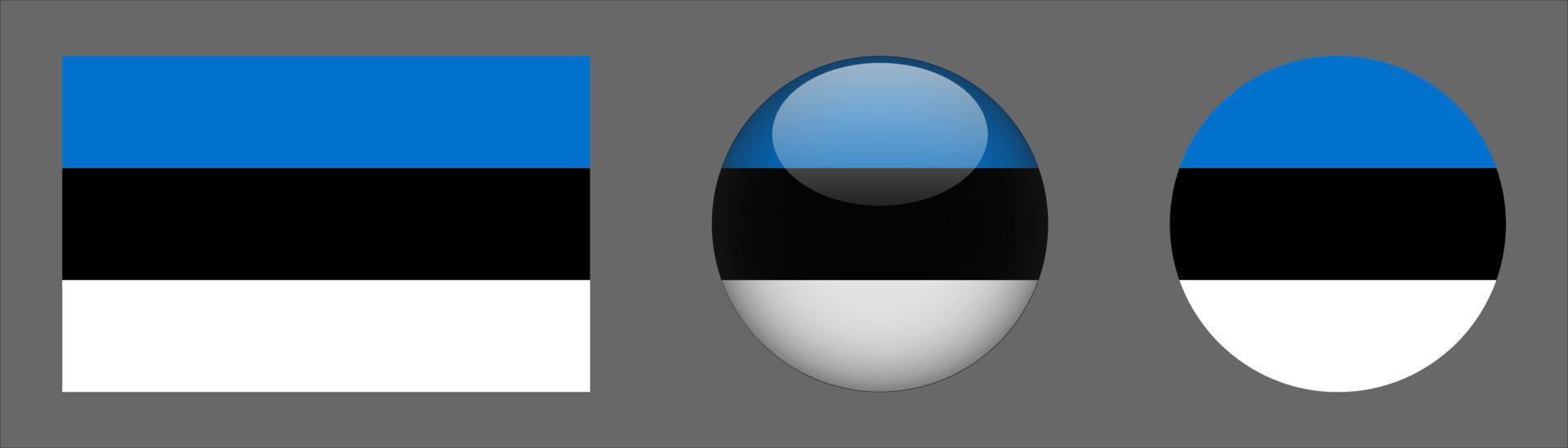 Colección de conjunto de bandera de Estonia, relación de tamaño original, redondeado en 3D y redondeado plano vector