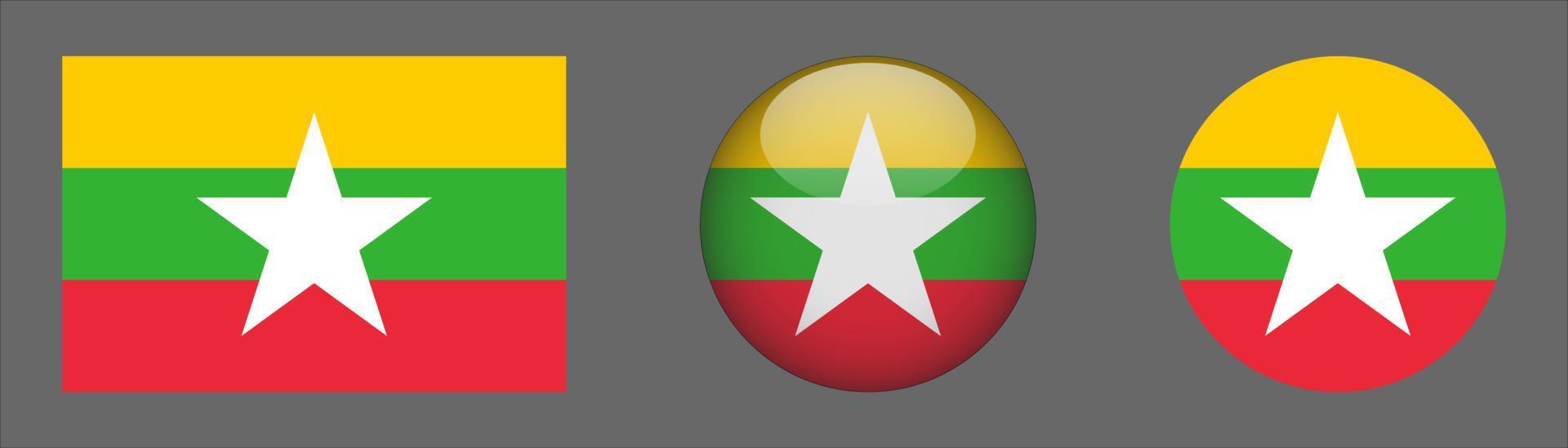 colección de conjunto de bandera de myanmar, relación de tamaño original, redondeado 3d y redondeado plano. vector