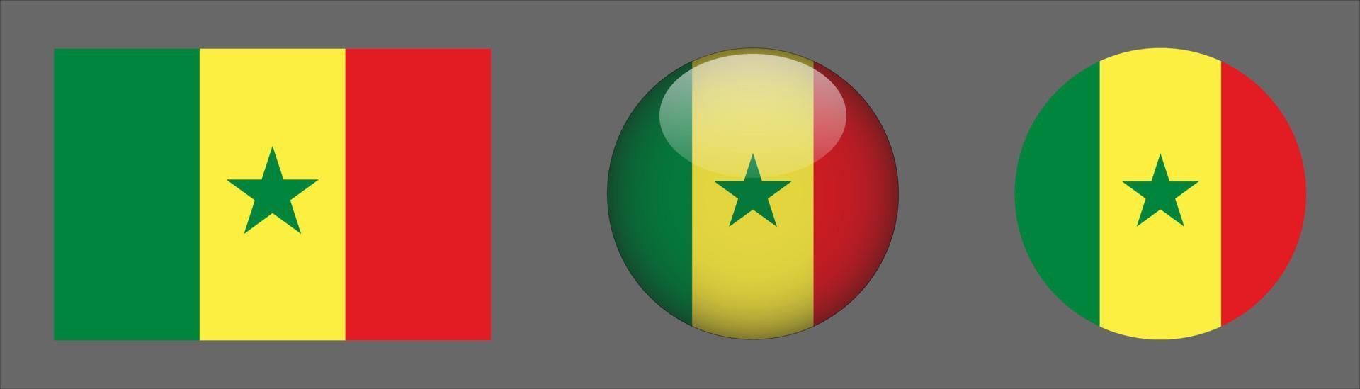 colección de conjunto de bandera de senegal, relación de tamaño original, redondeado 3d y redondeado plano. vector