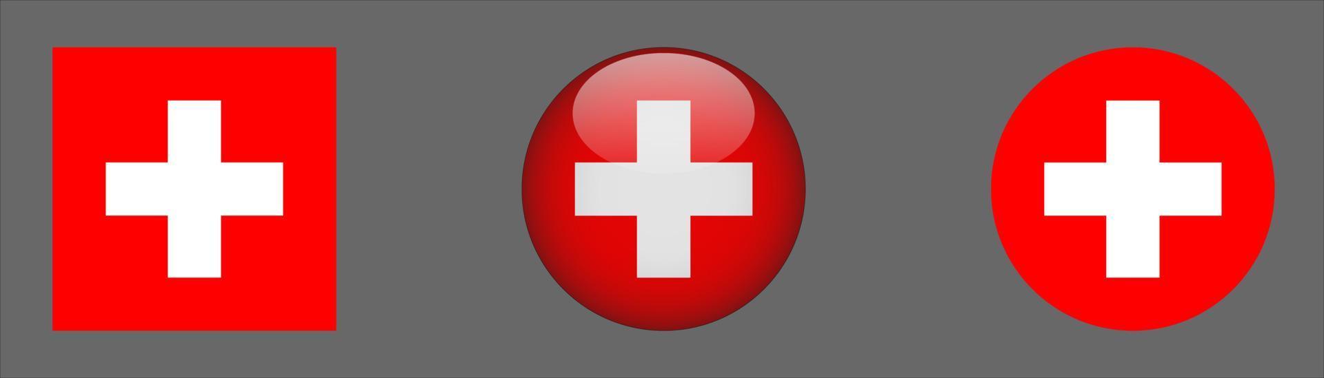 Switzerland Flag Set Collection, Original Size Ratio, 3D Rounded and Flat Rounded. vector