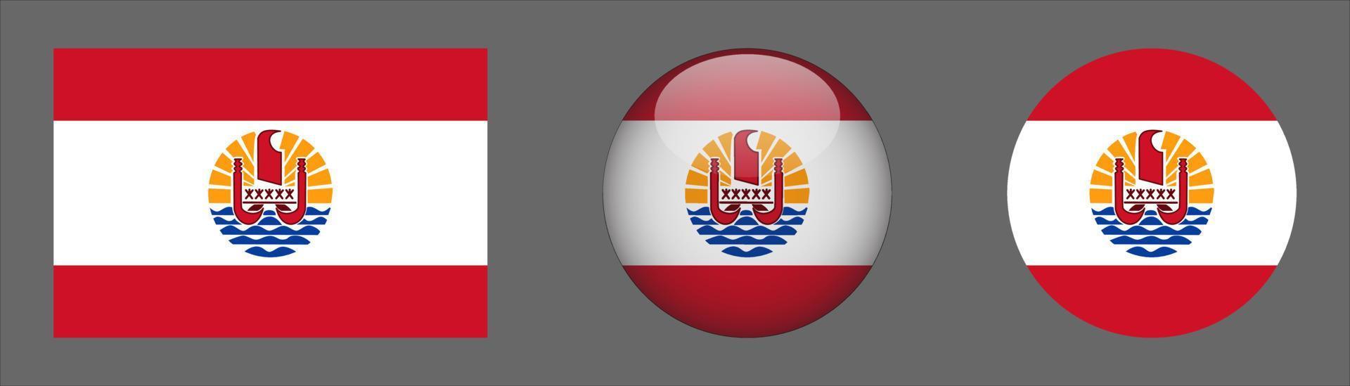 Colección de conjunto de bandera de polinesia francesa, relación de tamaño original, redondeado en 3D y redondeado plano vector