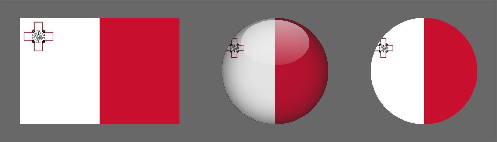 colección de conjuntos de bandera de malta, relación de tamaño original, redondeado 3d y redondeado plano. vector