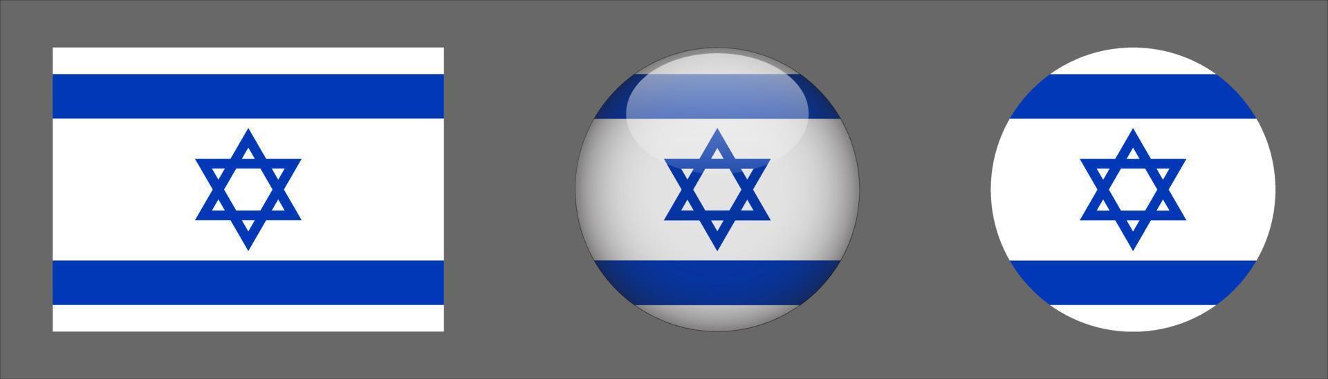 colección de conjunto de bandera de israel, relación de tamaño original, redondeado 3d y redondeado plano vector