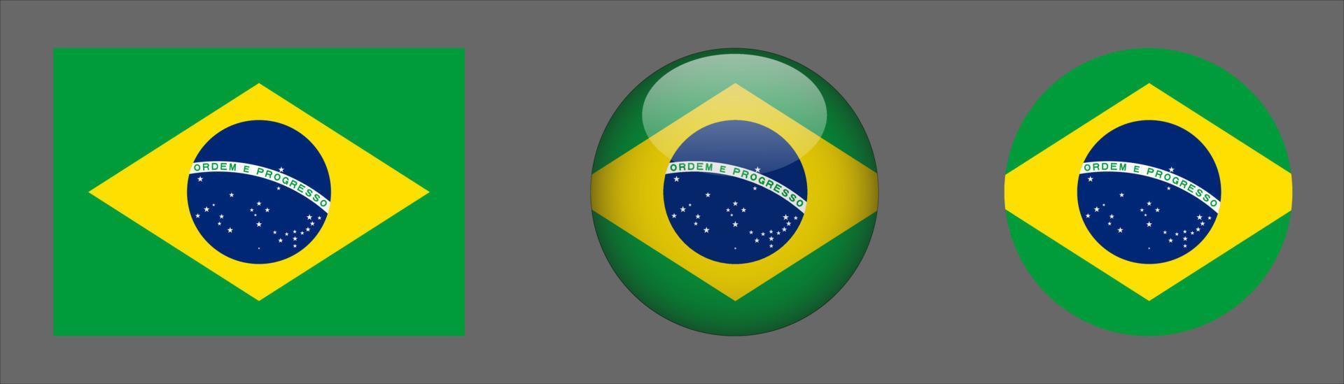 Colección de conjunto de bandera de Brasil, relación de tamaño original, redondeado 3d y redondeado plano vector