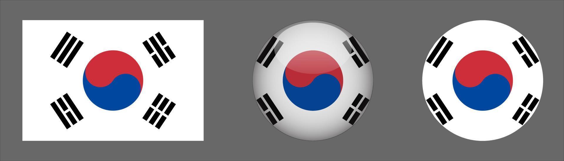 colección de conjunto de bandera de corea del sur, relación de tamaño original, redondeado 3d y redondeado plano. vector
