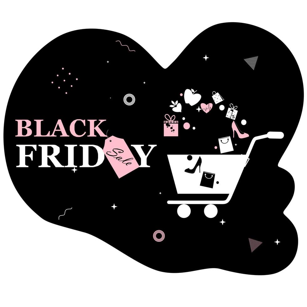 Black Friday Super Sale. Shopping cart in dark background. Online offer concept for ecommerce, discount campaign, big sale, cyber monday. Vector illustration banner, poster, template, flyer, page.