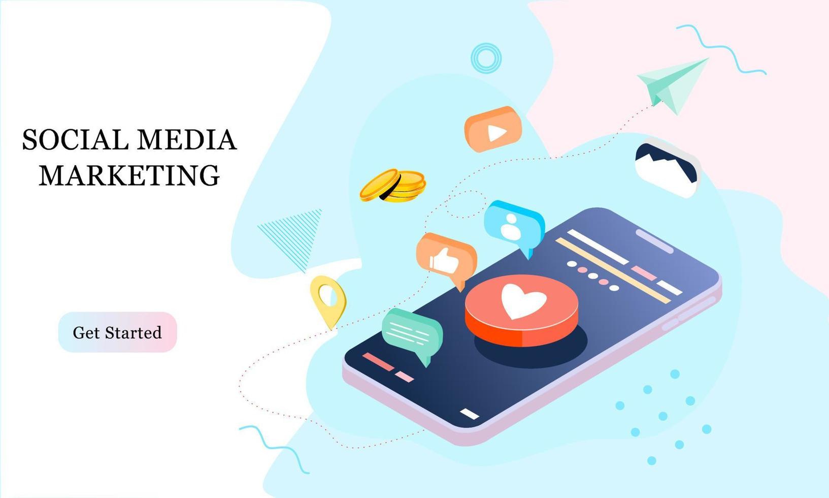 Landing page 3d isometric of social media marketing. Communication in social networks. Image of mobile phone, laptop with chat, likes and money for infographics, banner, website, promotional material. vector