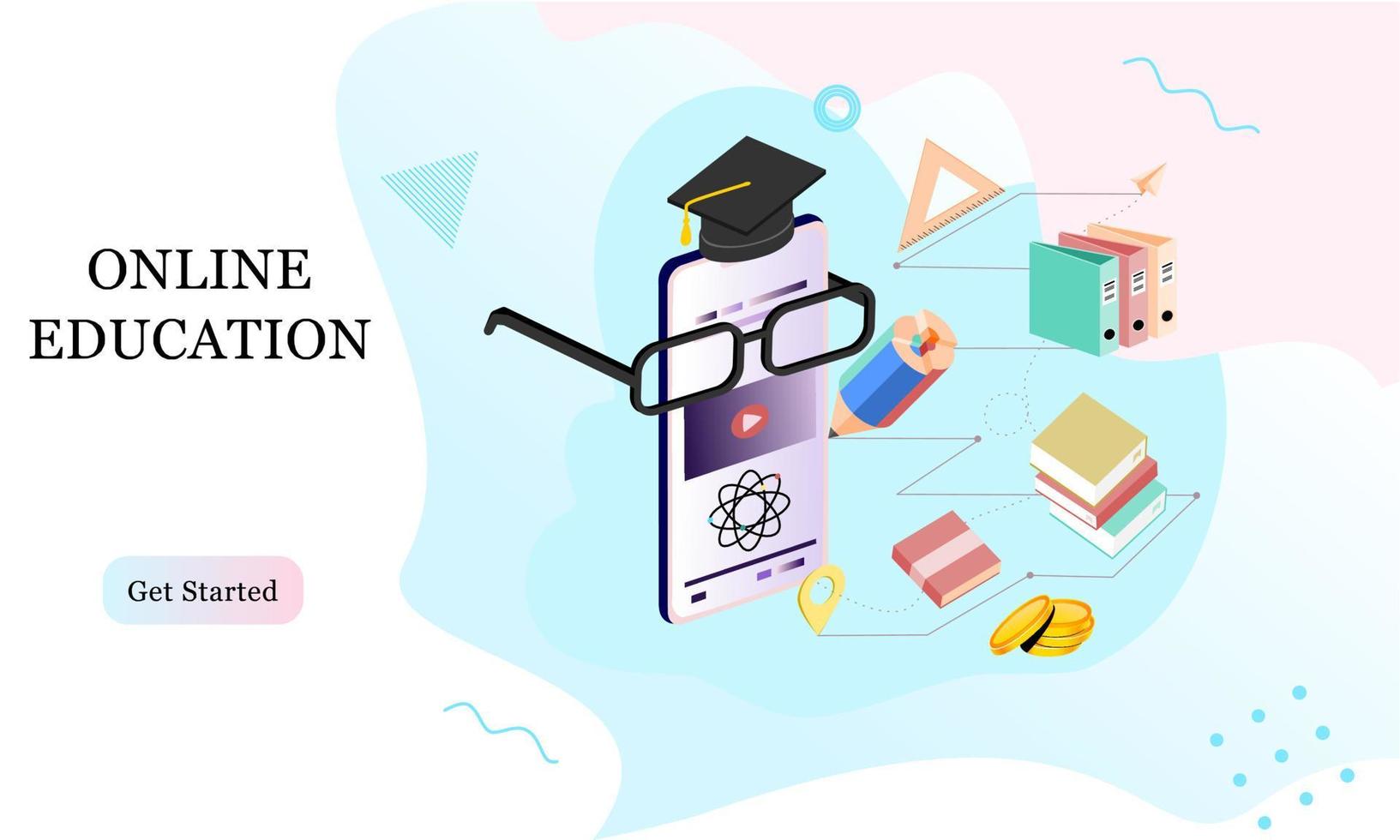 Isometric landing page template concept of Online Education for banner and website in memphis style background. Online training courses, university studies, e-learning research. Vector illustration.
