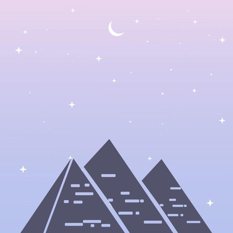 Egypt desert background illustration with moon, pyramids and stars in the sky. Blue and purple vector template landscape of Egypt famous landmarks. Background theme and wallpaper.