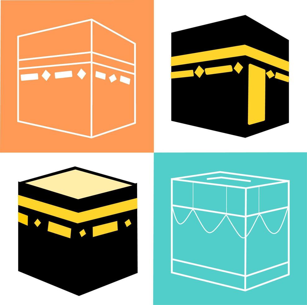 conjunto de kaaba de diseño vectorial islámico en el icono de la meca para el hajj y el ramadán o eid. iconos islámicos mezquita meca eid mubarak conjunto de iconos de arte lineal orar kabah mezquita meca. ilustración vectorial. verde y naranja vector