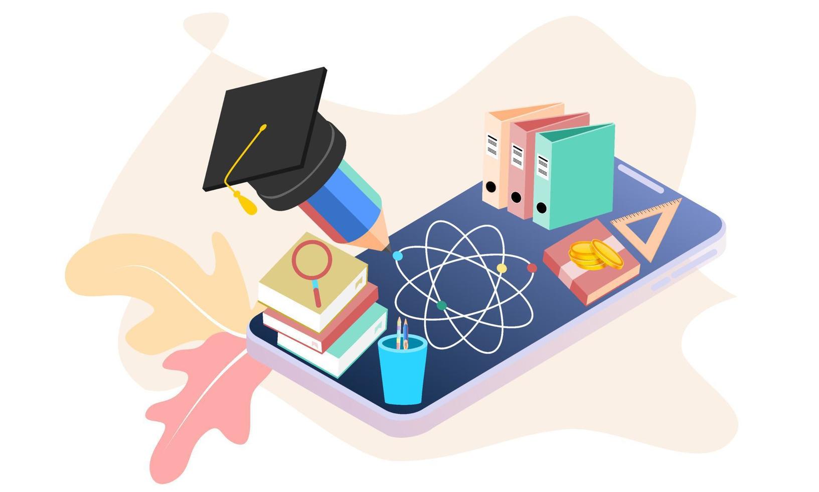 Modern flat design isometric concept of Online Education for banner and website. Isometric landing page template. Online training courses, university studies, e-learning research. Vector illustration.