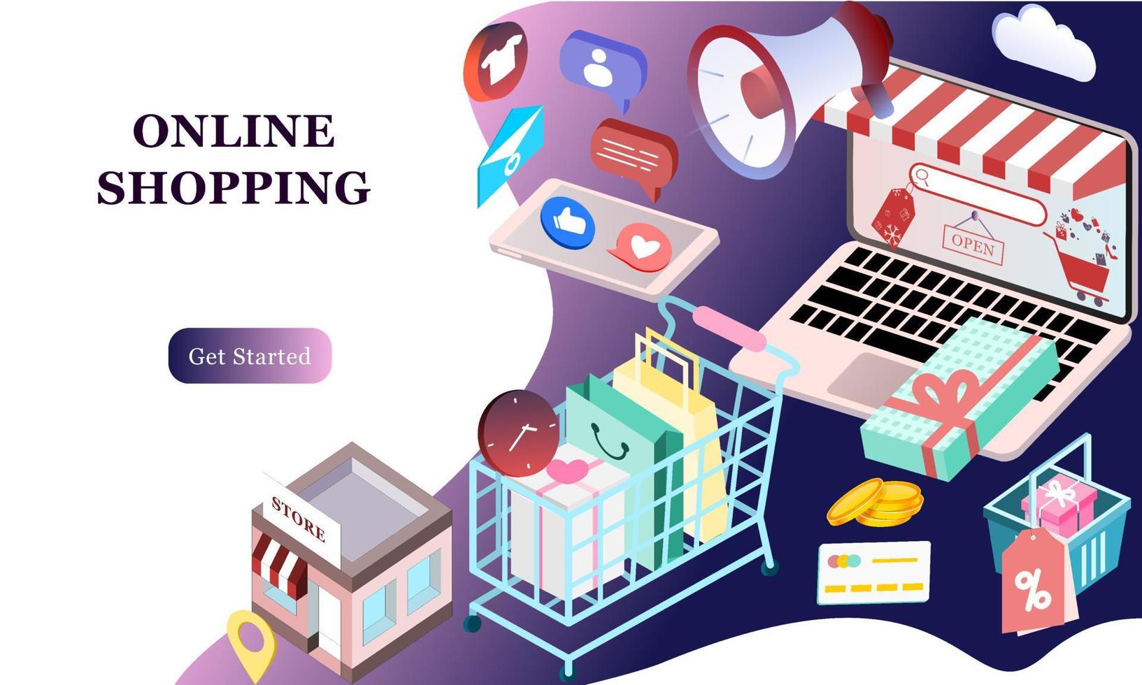 Landing page of 3d isometric online shopping on websites or mobile applications concepts of vector e-commerce and digital marketing. Isometric background illustration for banner online store promotion