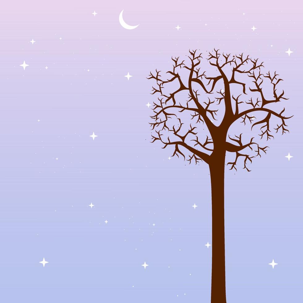 paisaje azul y morado con siluetas de árboles secos, ramas de árboles, luna y estrellas en el cielo. Ilustración de vector de fondo para tarjetas de felicitación, carteles, temas de naturaleza y fondos de pantalla.