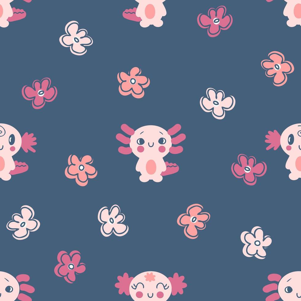 Hand drawn seamless pattern with axolotls and flowers. vector