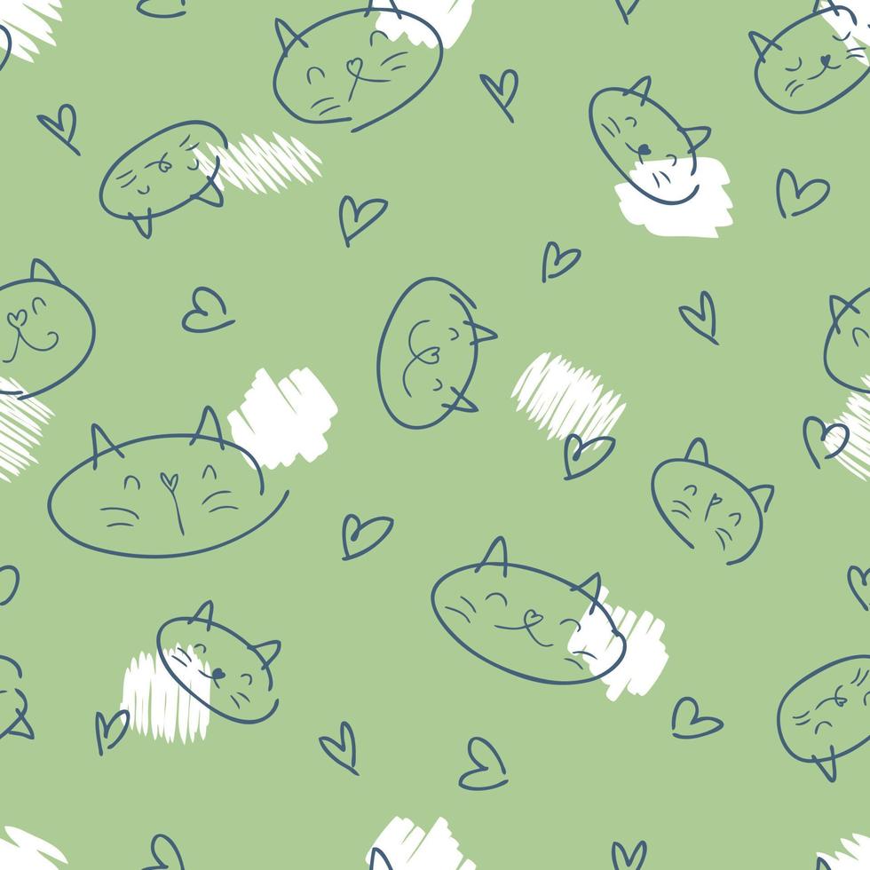 Doodle seamless pattern of cats, hearts and white spots. vector