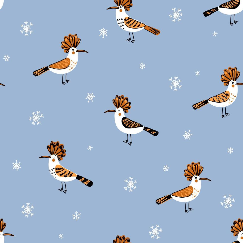 Doodle seamless pattern with hoopoe birds and snowflakes. vector