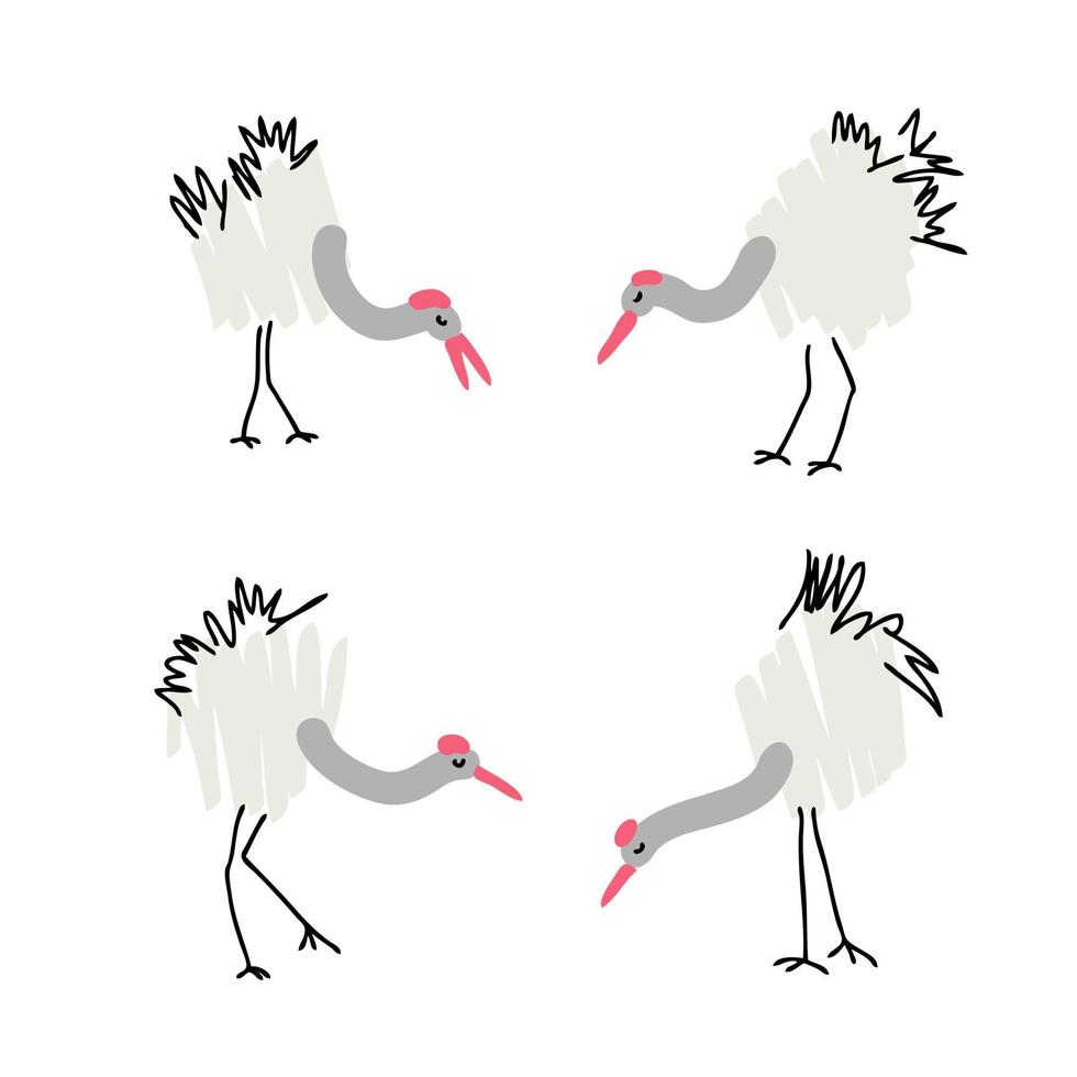 Doodle red crowned cranes collection. vector