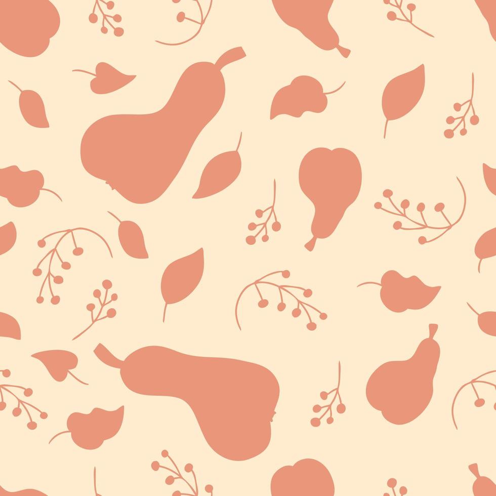 Doodle seamless pattern of pears, leaves and berries silhouette. vector