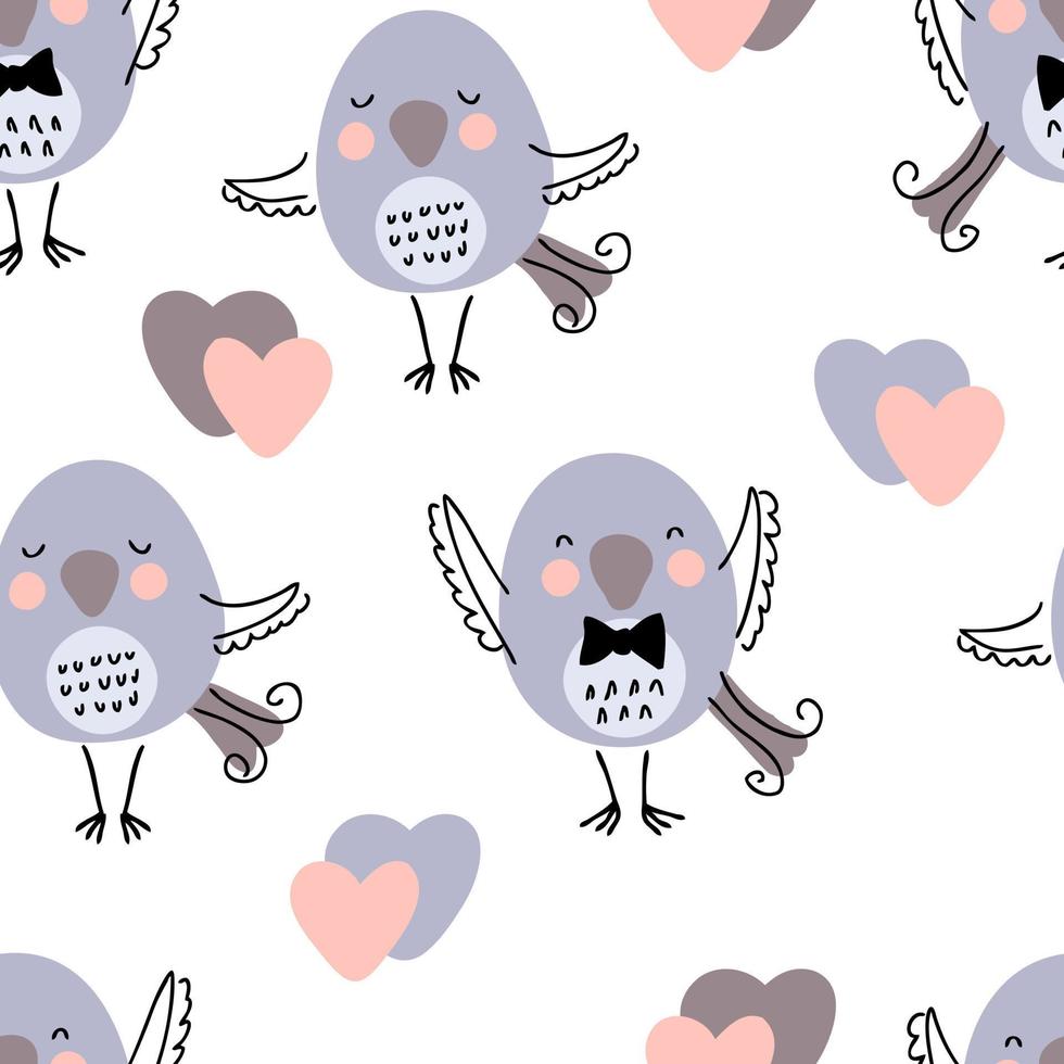 Hand drawn seamless romantic pattern with birds and hearts. vector