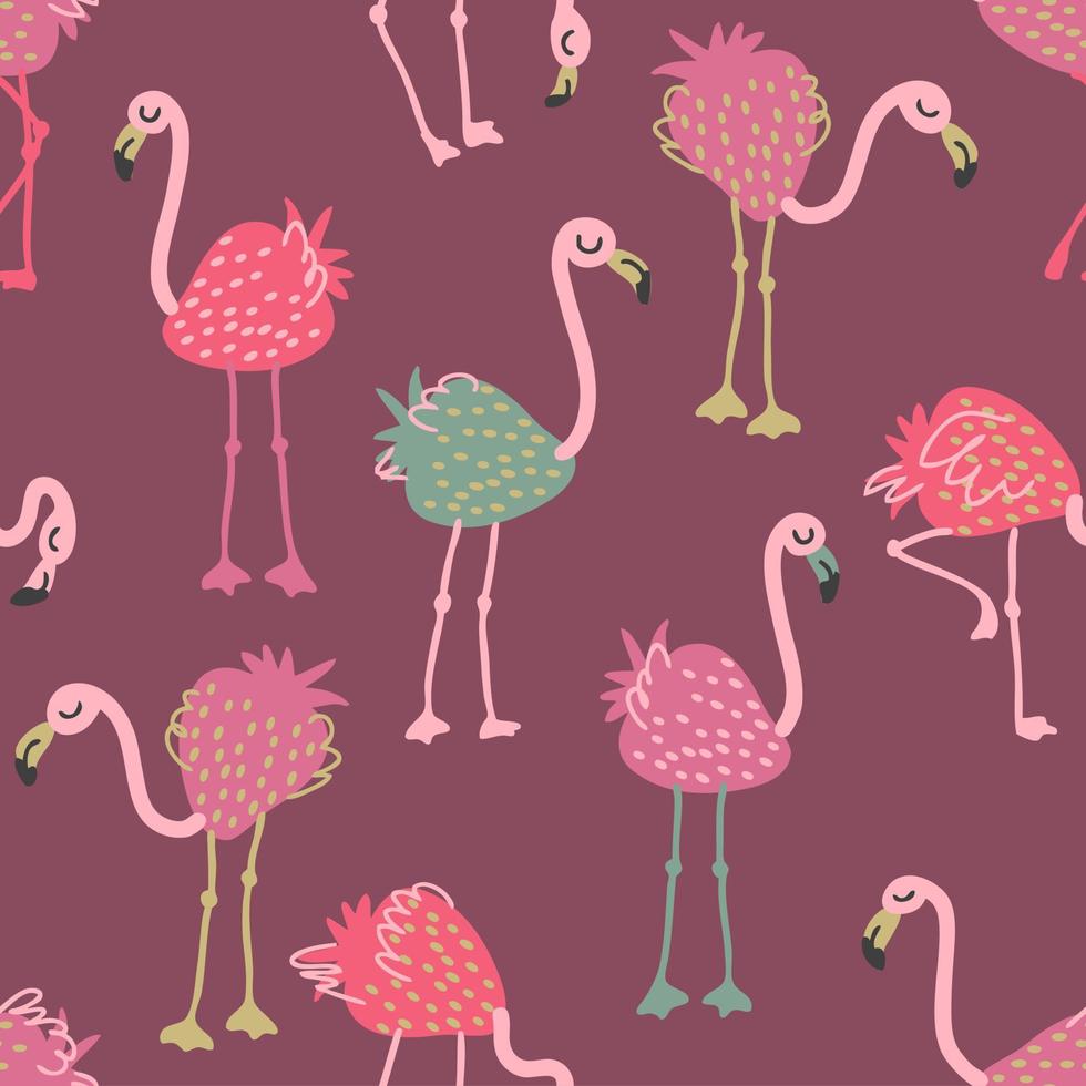 Dibujado a mano fresa flamingo de patrones sin fisuras. vector