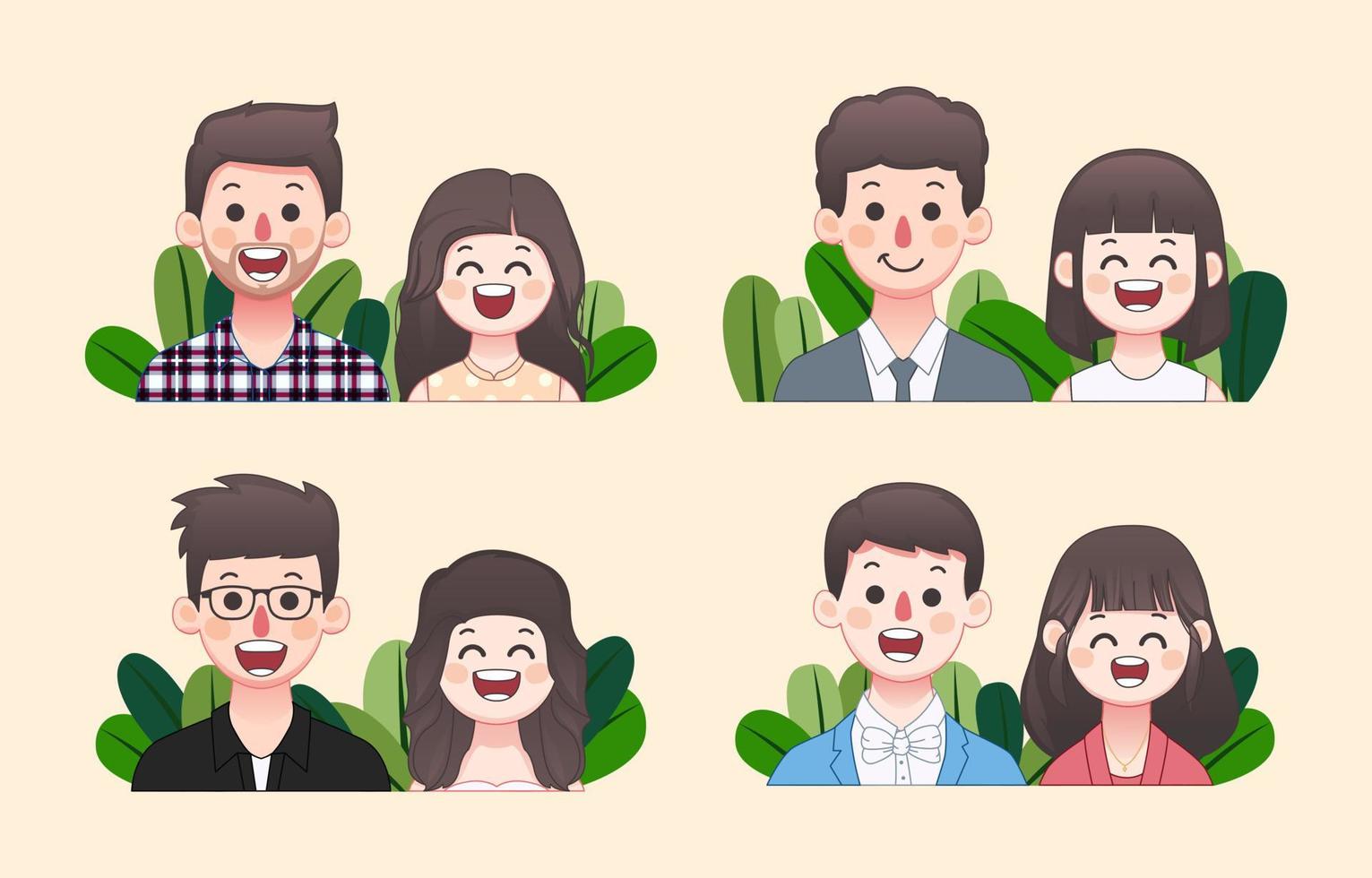 conjunto de ilustración de pareja. novio y novia se ven feliz y lindo avatar vista frontal vector