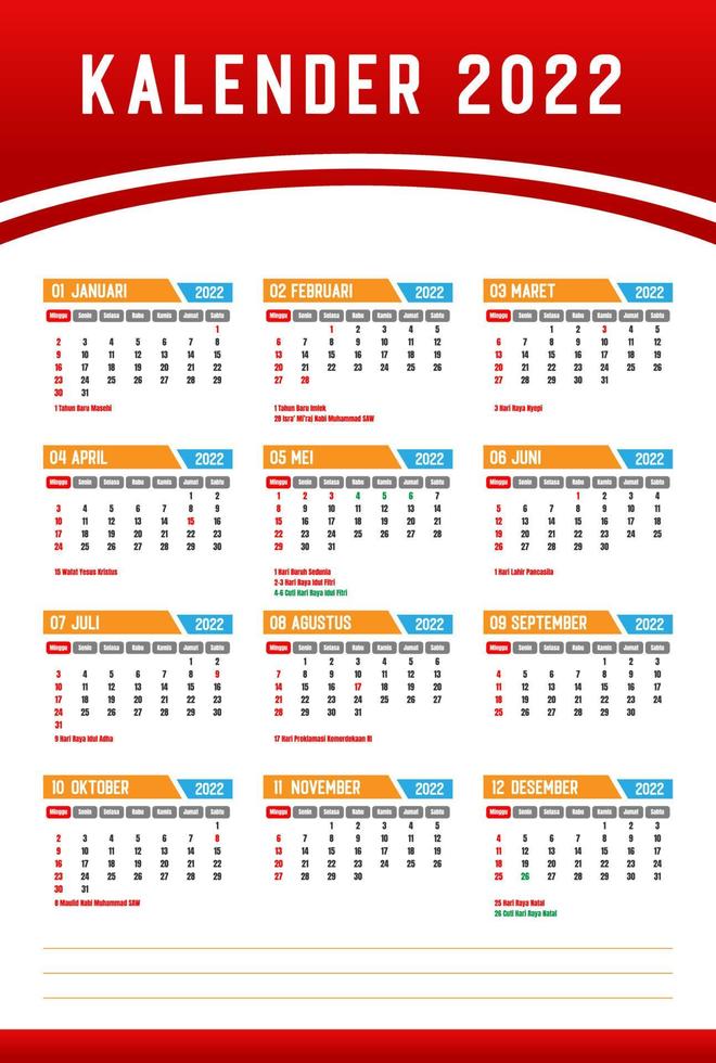 Indonesia 2022 calendar design with holidays Set from January to December vector