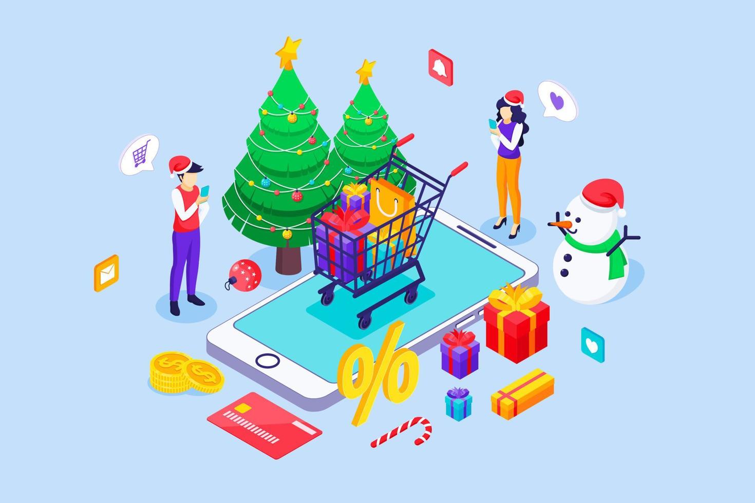 los jóvenes compran en línea con un teléfono inteligente gigante el día de las rebajas navideñas. árbol de navidad, muñeco de nieve, carrito de compras y cajas de regalo. ilustración vectorial isométrica vector