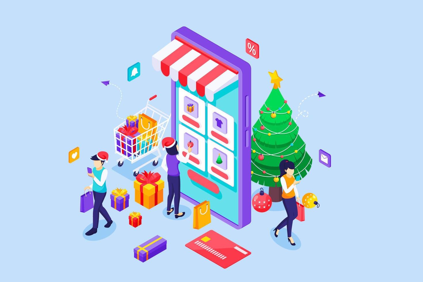 la gente compra cosas a través de un teléfono inteligente gigante el día de las rebajas navideñas. concepto de compras en línea de Navidad. ilustración vectorial isométrica vector