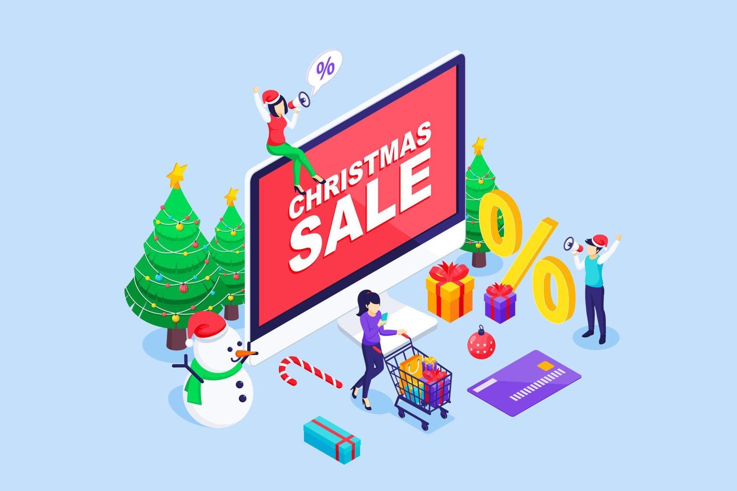 Young Women are shopping online through a computer on Christmas Sale and discounts. Christmas tree, snowman, and gift boxes. Merry Christmas and happy new year. Isometric Vector Illustration